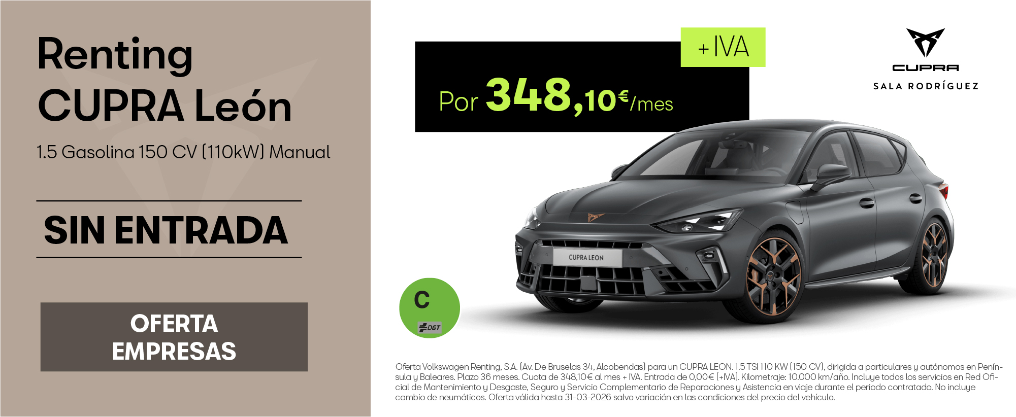 Renting CUPRA León TSI por 348€/mes ¡Sin Entrada!